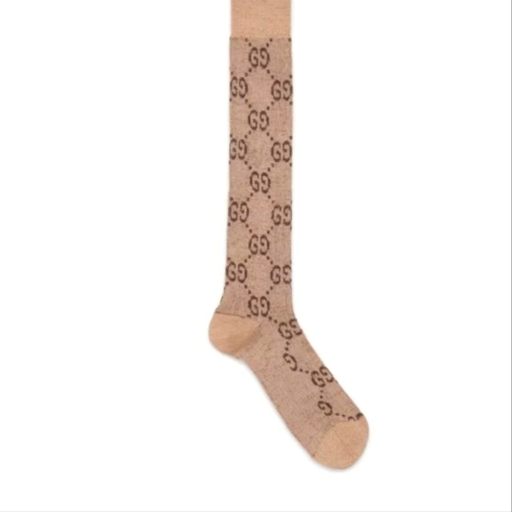 Gucci Beige And Dark Brown Mettalic GG Monogram Socks Tights Sz Small